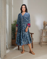 Chaaya Indigo Block Printed Dress With Flared Sleeves