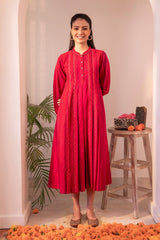 Haveli Chikankari Red Handwoven Cotton Pleated Dress