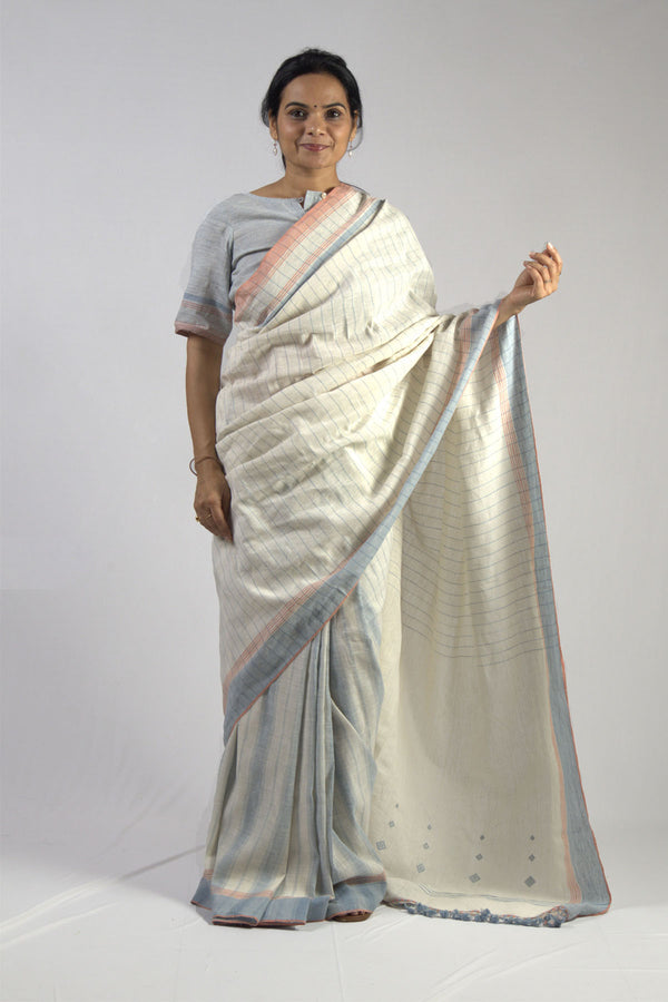 White Rann Linen Kala Cotton Kutchi Saree