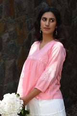 Nargis Pink Kashmiri Crewel Hand Embroidered  Cotton V-Neck Top