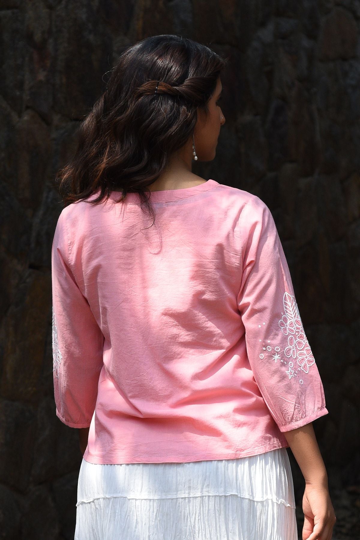 Nargis Pink Kashmiri Crewel Hand Embroidered  Cotton V-Neck Top