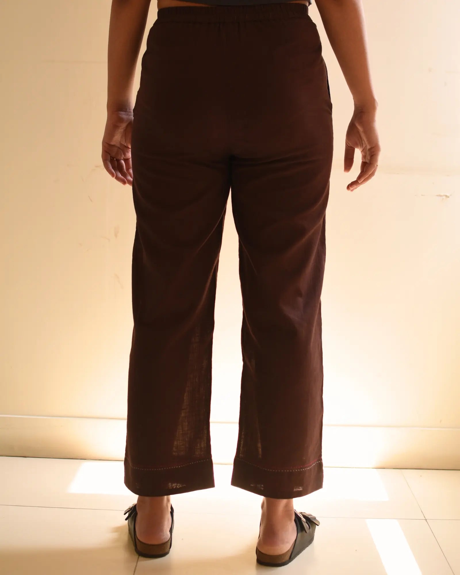 Kaanch Brown Straight-Fit Cotton Pant With Kantha Hand Embroidery - 🚚 Pre-Order: Ships in 2 weeks.
