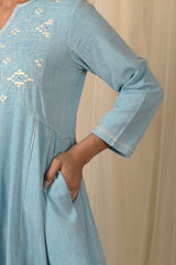 Baori Blue Hand Embroidered 3Q Sleeve Kurta