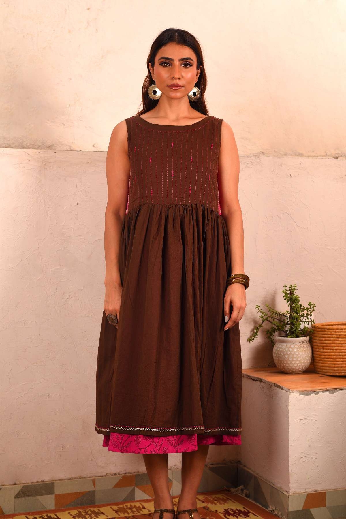 Saheli Double Layer Hand Embroidered Brown Mulmul Cotton Dress With Printed Pink Slip