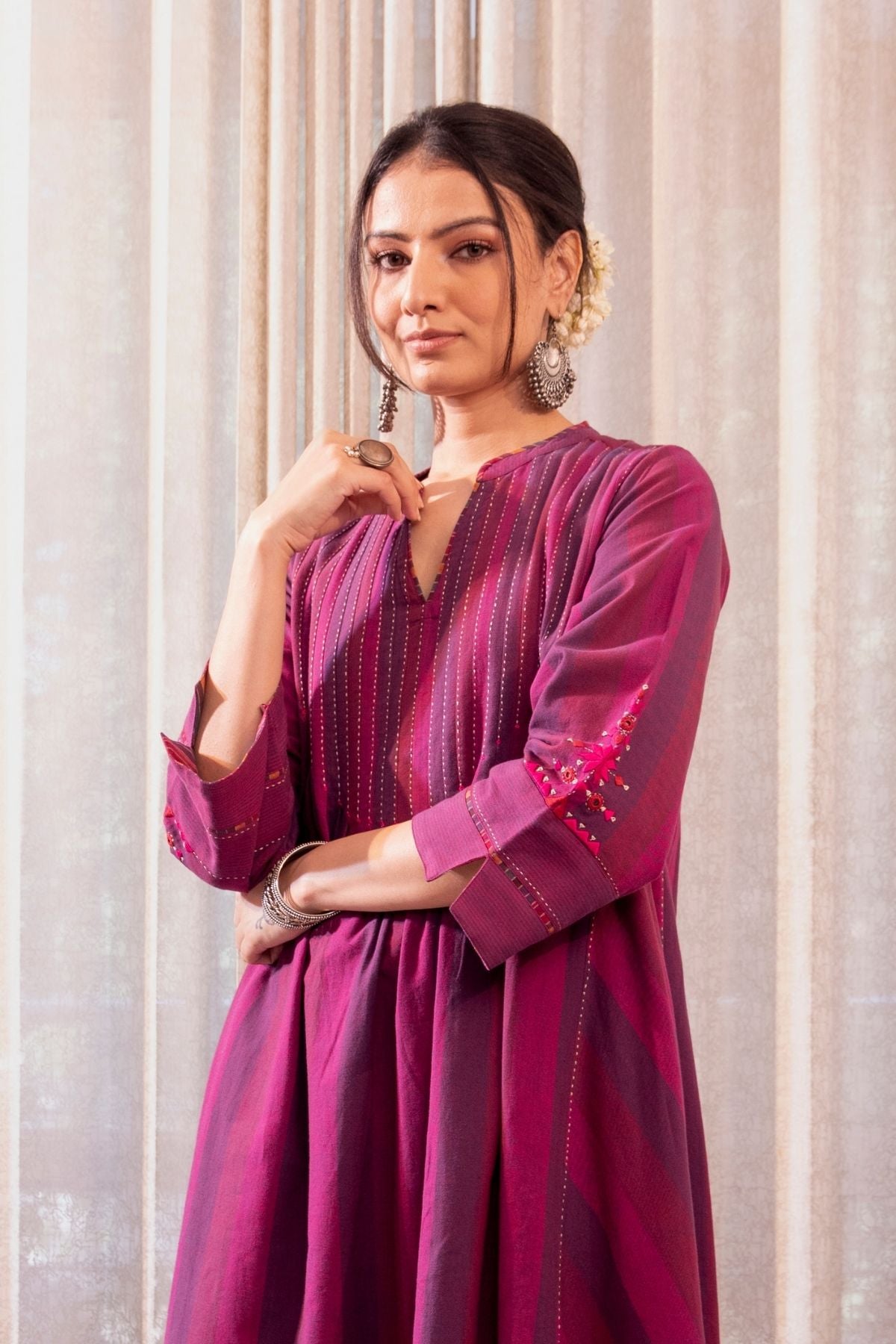 Haveli Soof Violet Hand Embroidered Pintuck Dress