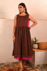 Saheli Double Layer Hand Embroidered Brown Mulmul Cotton Dress With Printed Pink Slip