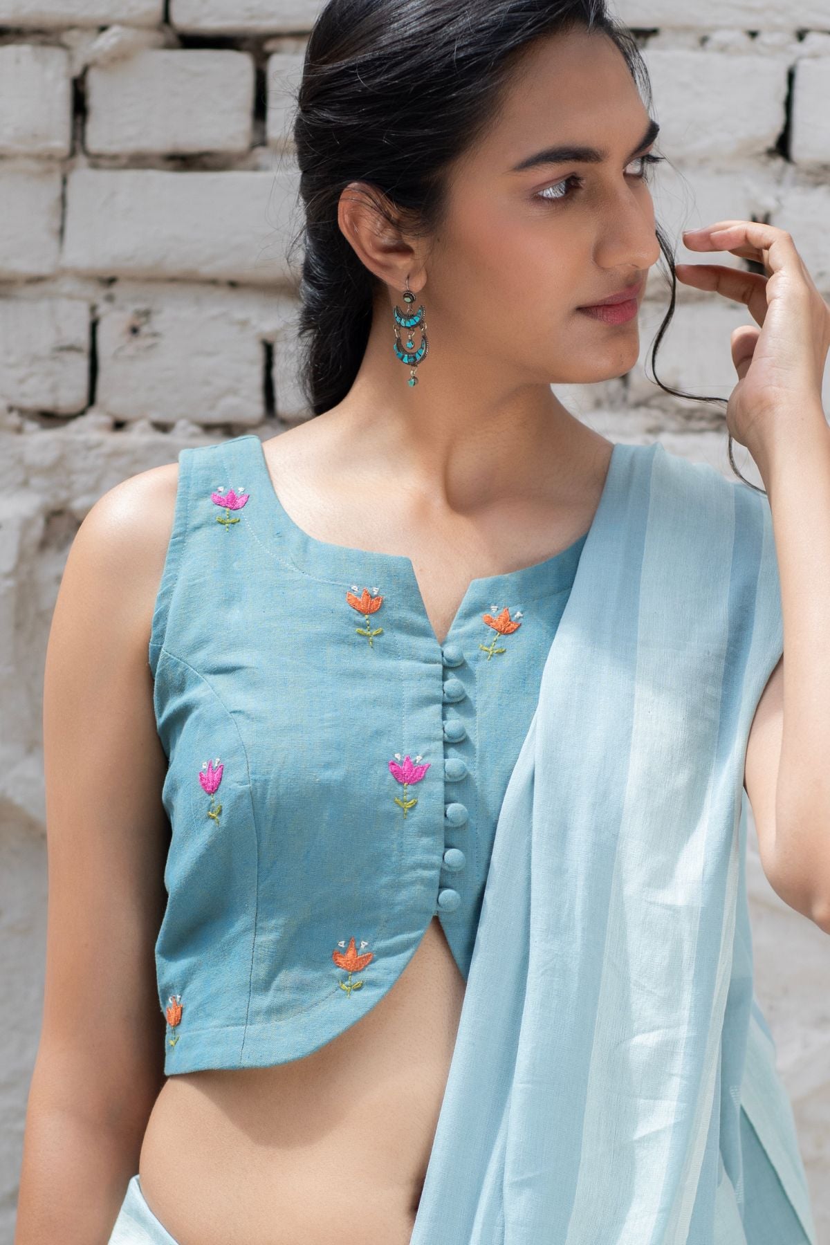 Cheenth Sleeveless Blue Blouse With All Over Pucca Embroidery