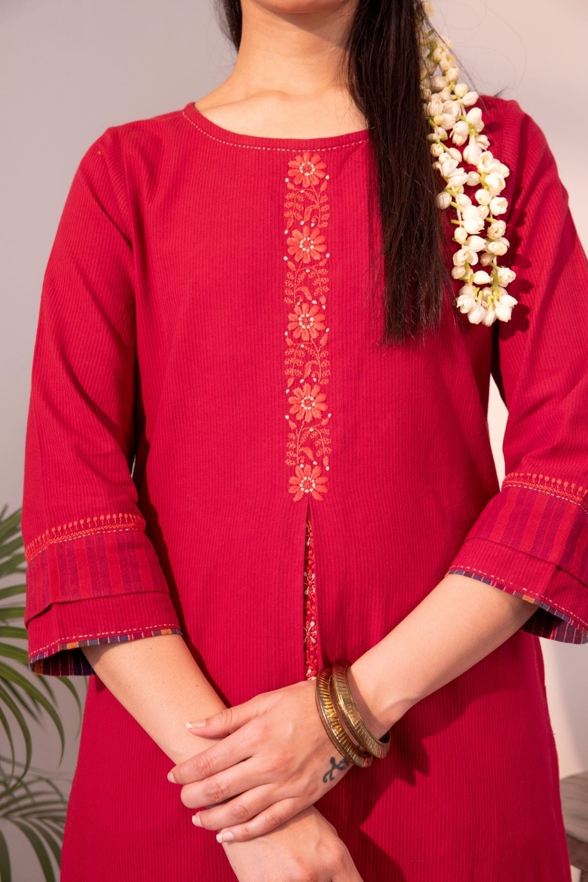 Haveli Chikankari Red Handwoven Cotton Straight  Kurta