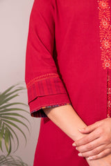 Haveli Chikankari Red Handwoven Cotton Straight  Kurta