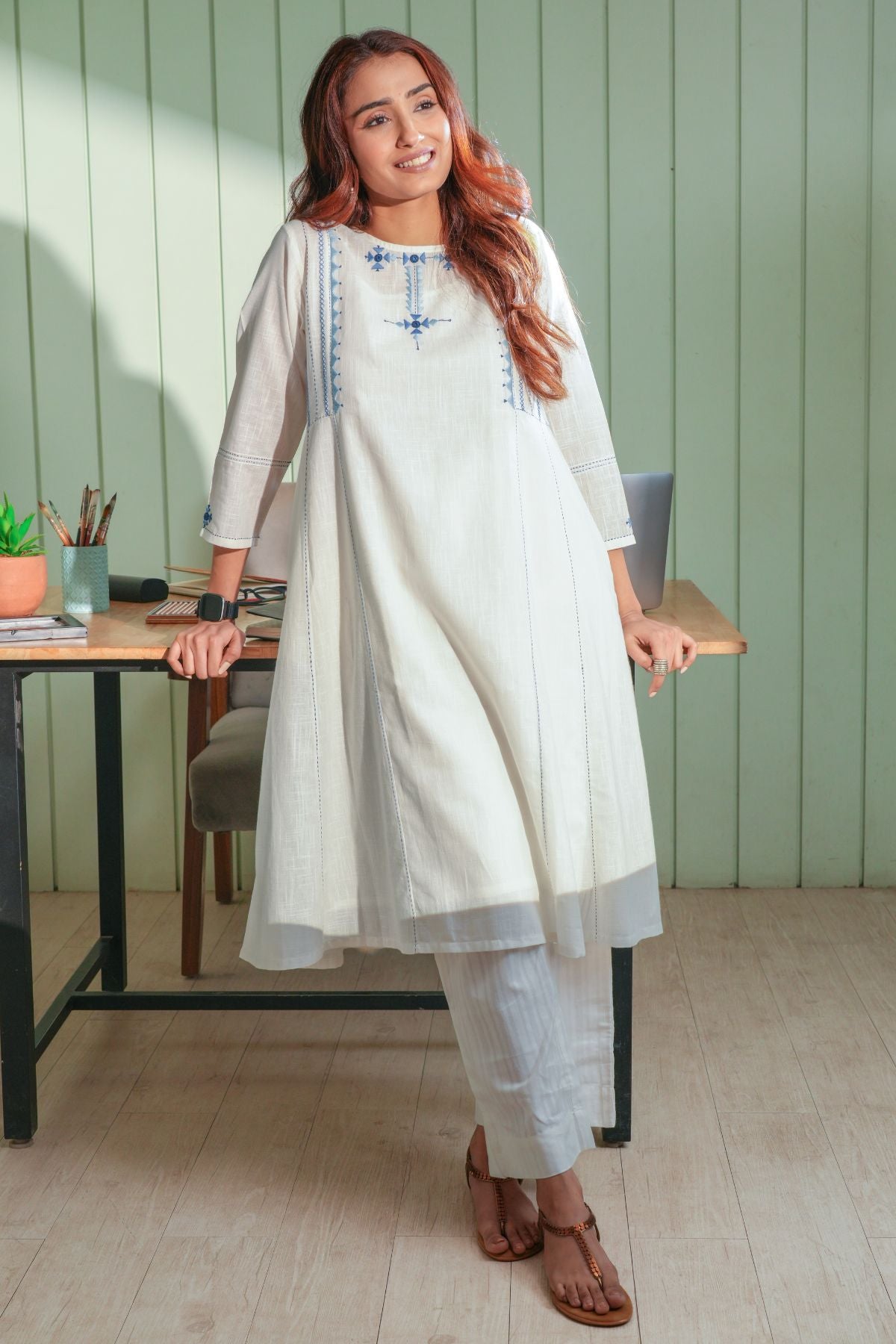 Dhwani White- Blue Flared Cotton Kurta With Soof Hand Embroidery