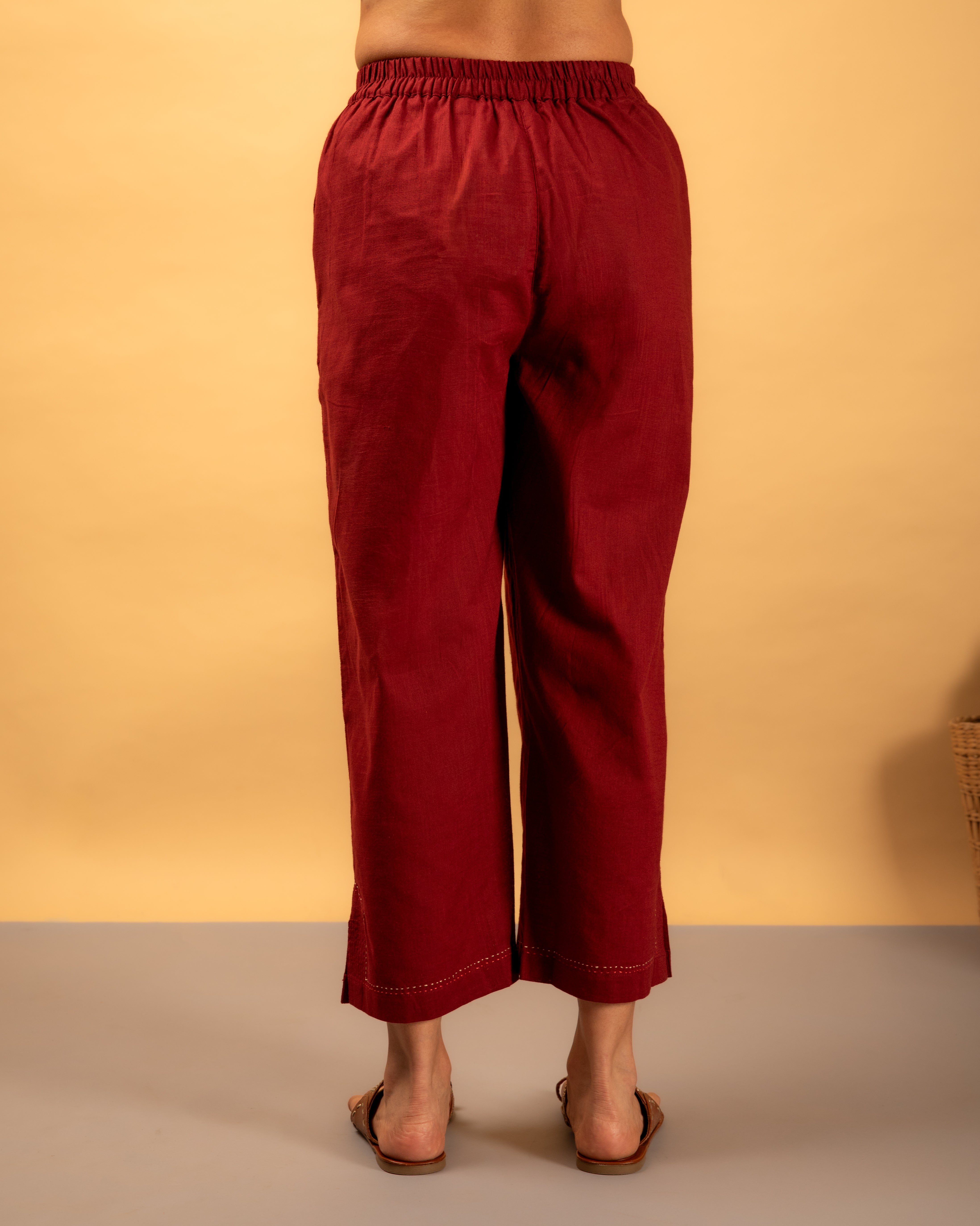 Paheli Maroon Straight-Fit Cotton Pant With Kantha Hand Embroidery