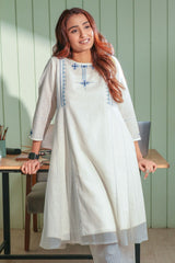 Dhwani White- Blue Flared Cotton Kurta With Soof Hand Embroidery