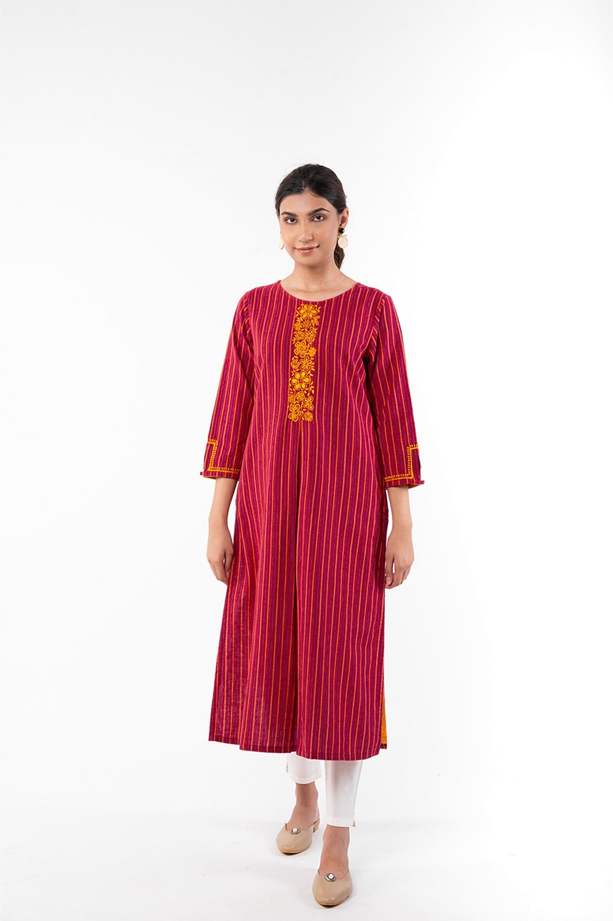 Pardis Red Chikankari Round Neck Kurta