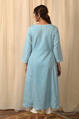 Baori Blue Hand Embroidered 3Q Sleeve Kurta