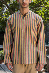 Dhaari Multi Color Striped Handwoven Full Sleeve Pure Cotton Short Kurta