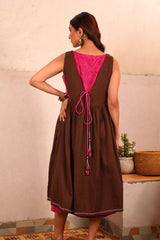 Saheli Double Layer Hand Embroidered Brown Mulmul Cotton Dress With Printed Pink Slip