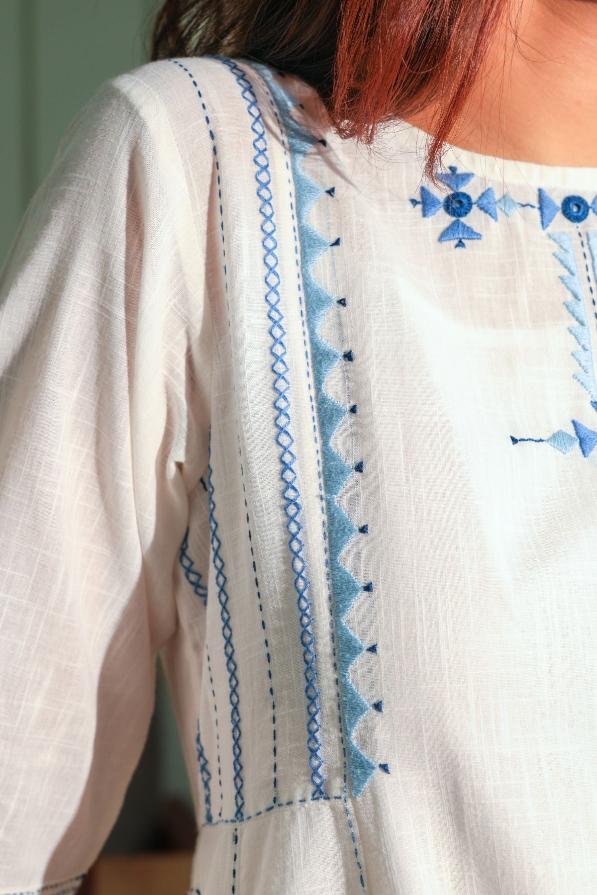 Dhwani White- Blue Flared Cotton Kurta With Soof Hand Embroidery