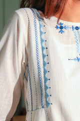 Dhwani White- Blue Flared Cotton Kurta With Soof Hand Embroidery