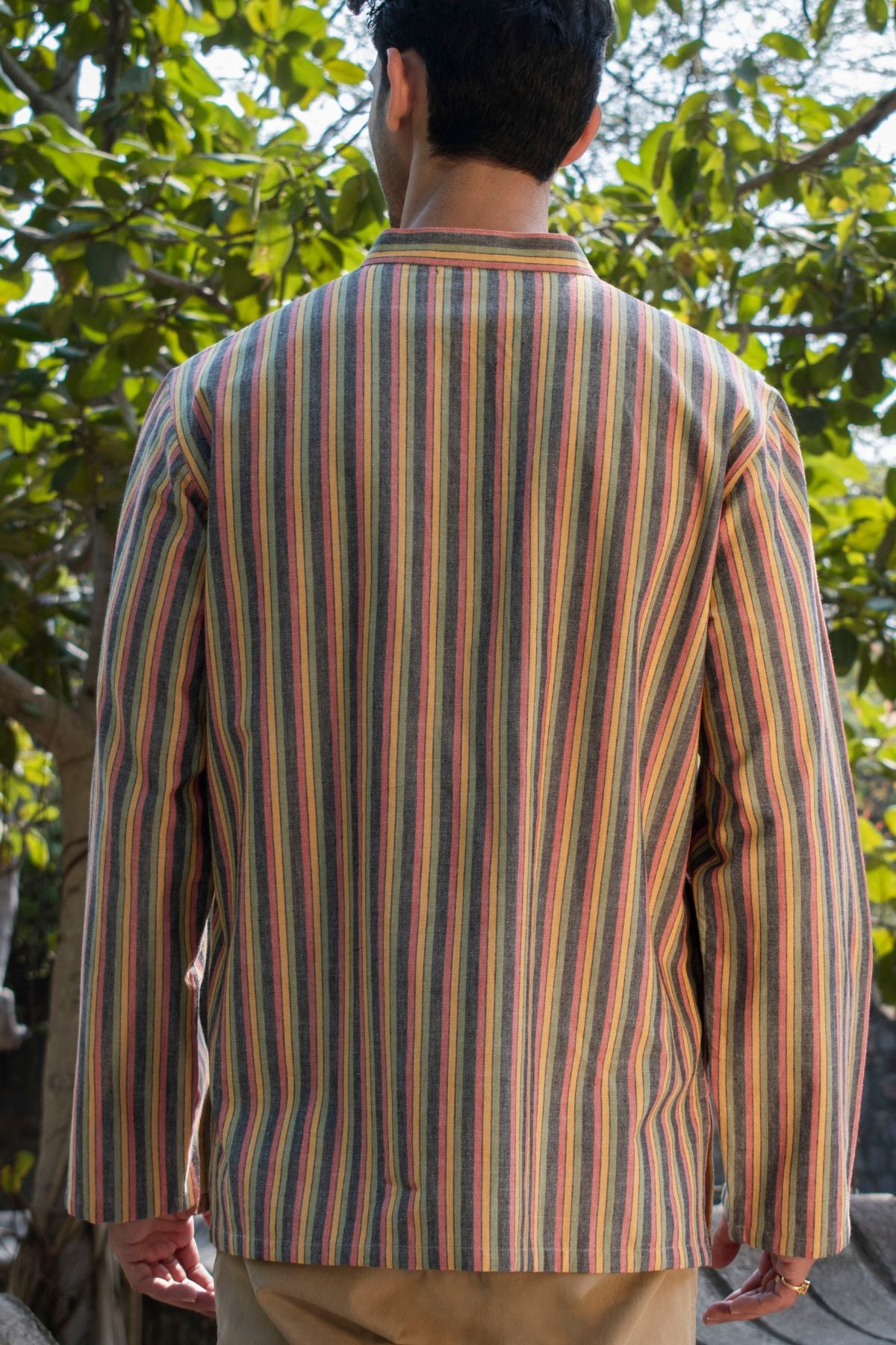 Dhaari Multi Color Striped Handwoven Full Sleeve Pure Cotton Short Kurta