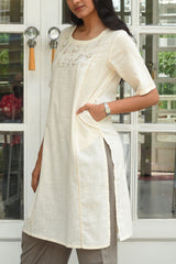 Bagh Cotton Round Neck Off White Hand Embroidered Kurta