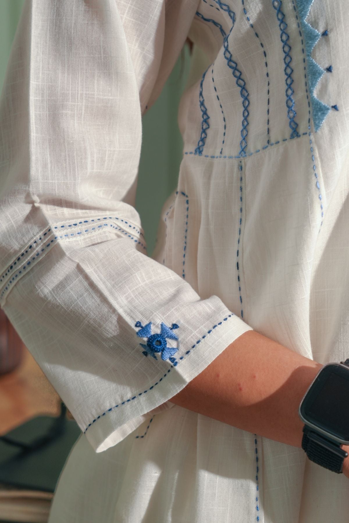 Dhwani White- Blue Flared Cotton Kurta With Soof Hand Embroidery