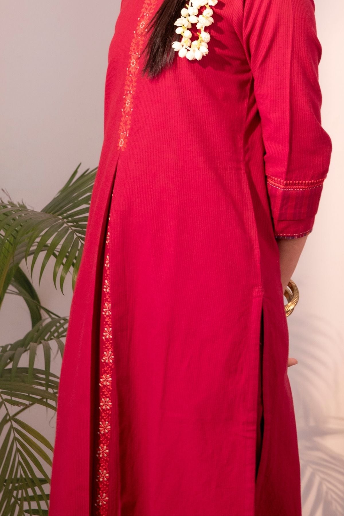 Haveli Chikankari Red Handwoven Cotton Straight  Kurta