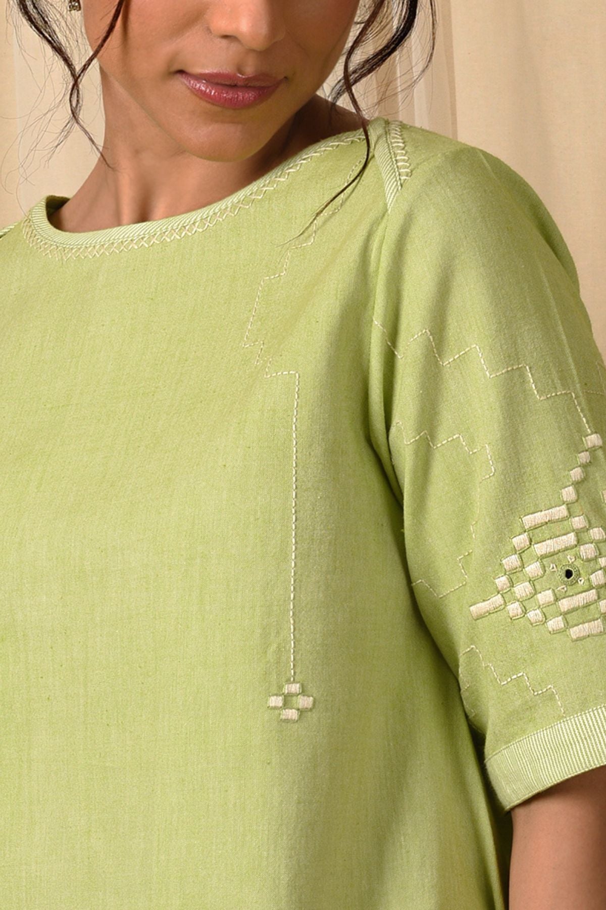 Baori Green Hand Embroidered Round Neck Top