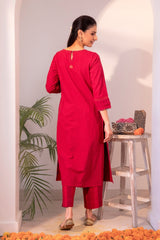 Haveli Chikankari Red Handwoven Cotton Straight  Kurta