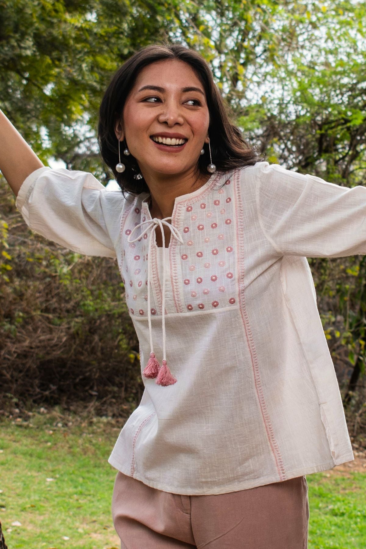 Avani Chikankari Off White Pure Cotton Round Neck Top