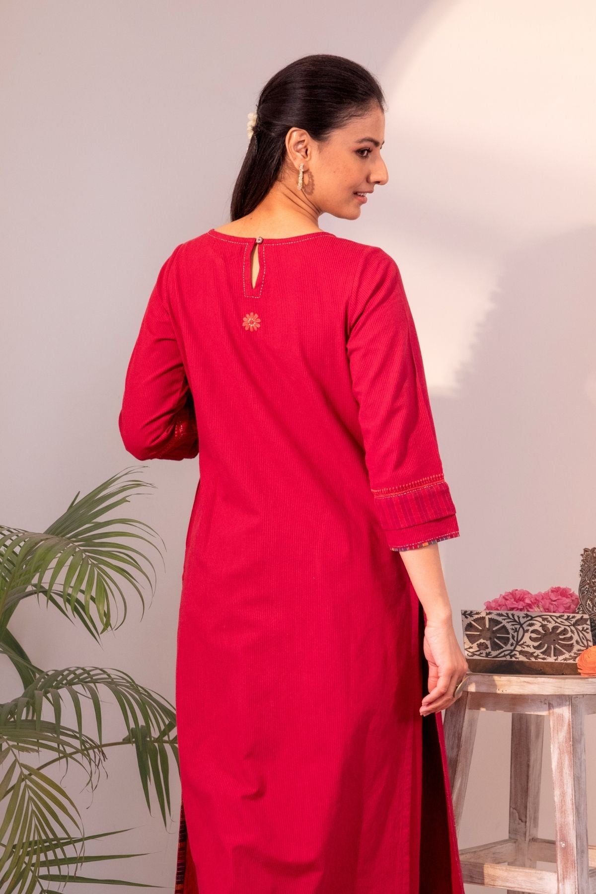 Haveli Chikankari Red Handwoven Cotton Straight  Kurta