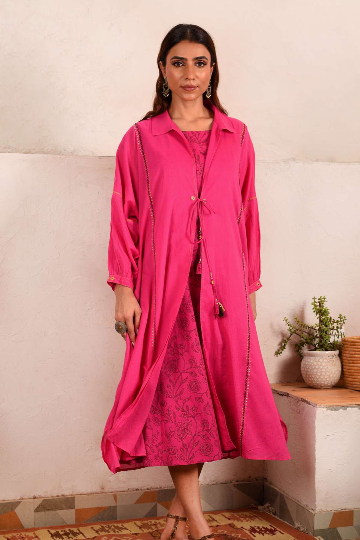 Saheli Double Layer Hand Embroidered Pink Mulmul Cotton Over lay Dress With Printed Pink Slip