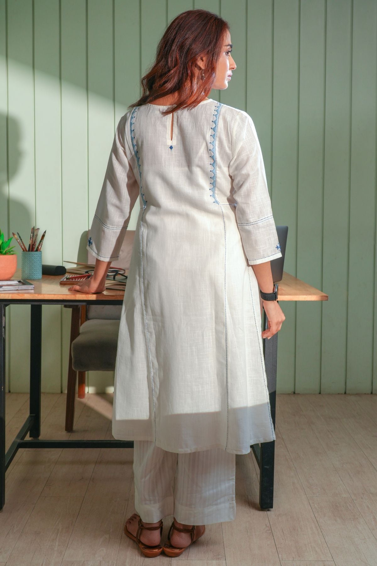 Dhwani White- Blue Flared Cotton Kurta With Soof Hand Embroidery