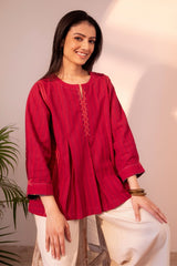 Haveli Chikankari Red Handwoven Cotton Top