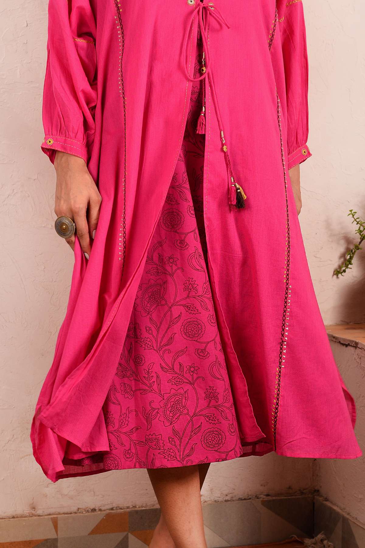 Saheli Double Layer Hand Embroidered Pink Mulmul Cotton Over lay Dress With Printed Pink Slip