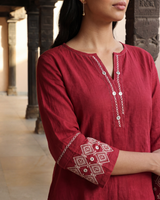 Dhwani Red Cotton Top With Dessert Hand Embroidery