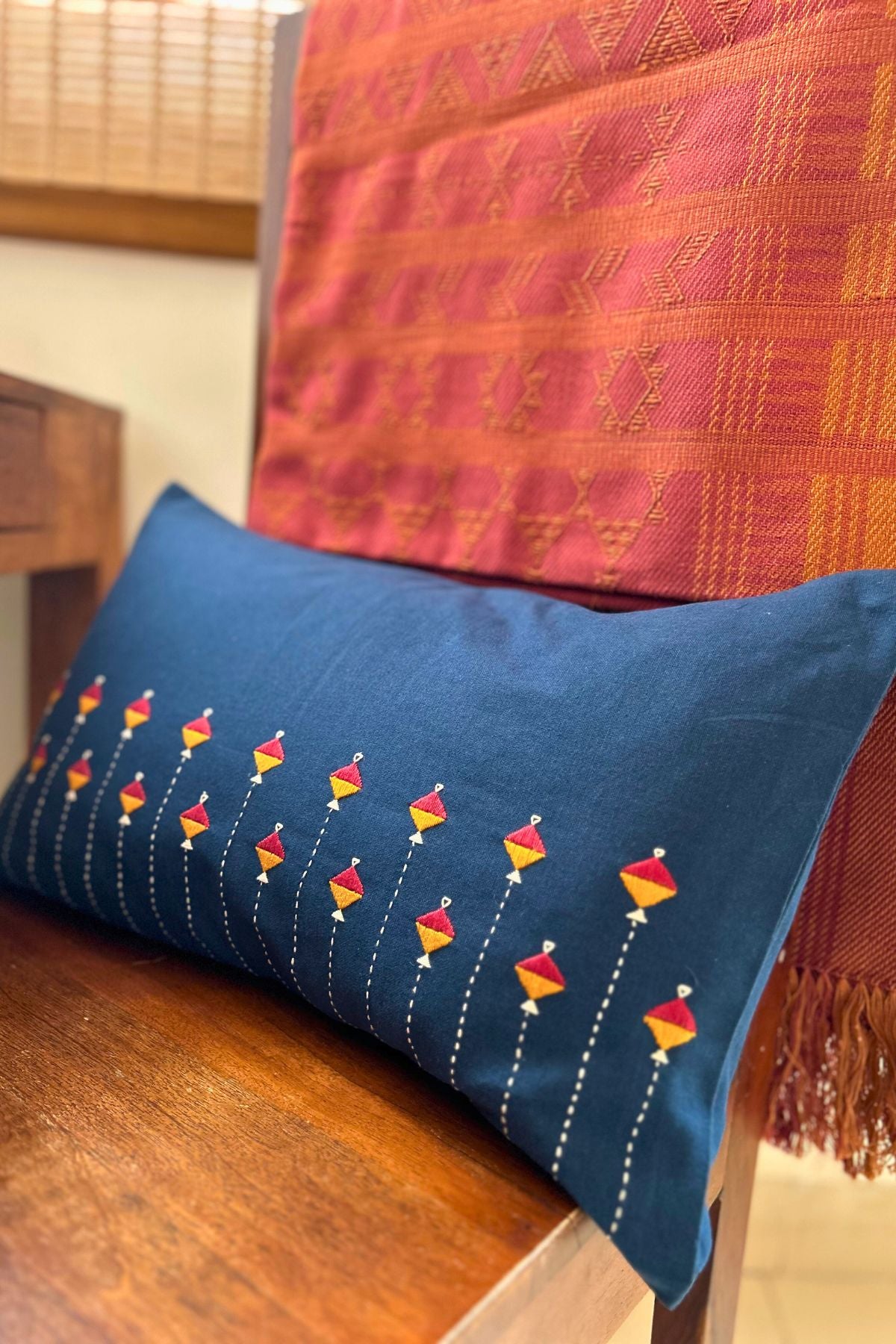 Eshna Blue Rectangular Cushion Cover with Soof Hand Embroidery