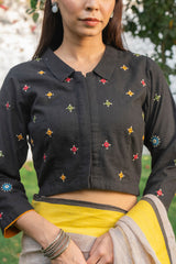 Paheli Black Shirt-Collar Cotton Blouse With Pakka Hand Embroidery