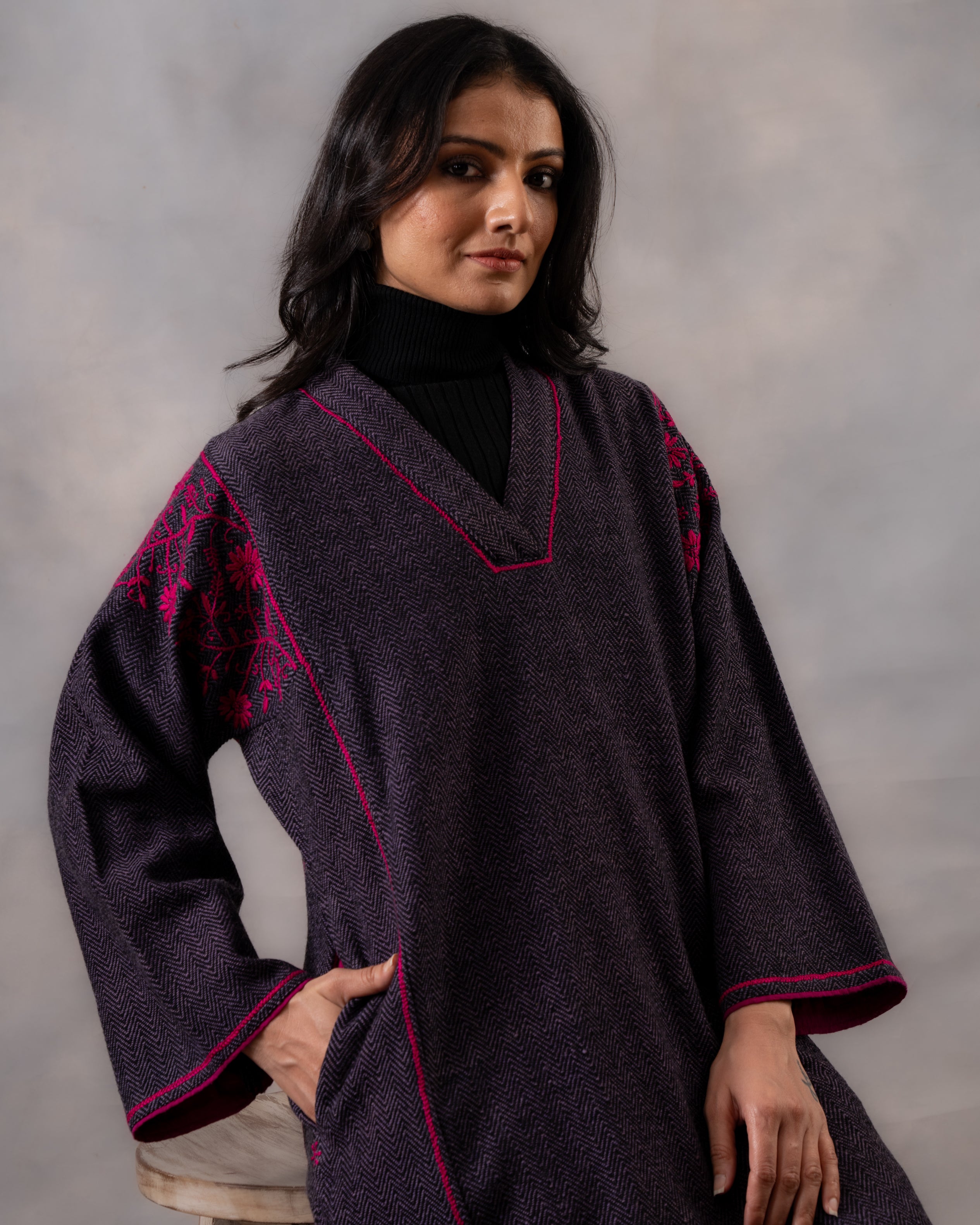 Gurez  Purple-Rapsody Handwoven Woolen Phiran with Chikankari Hand Embroidery