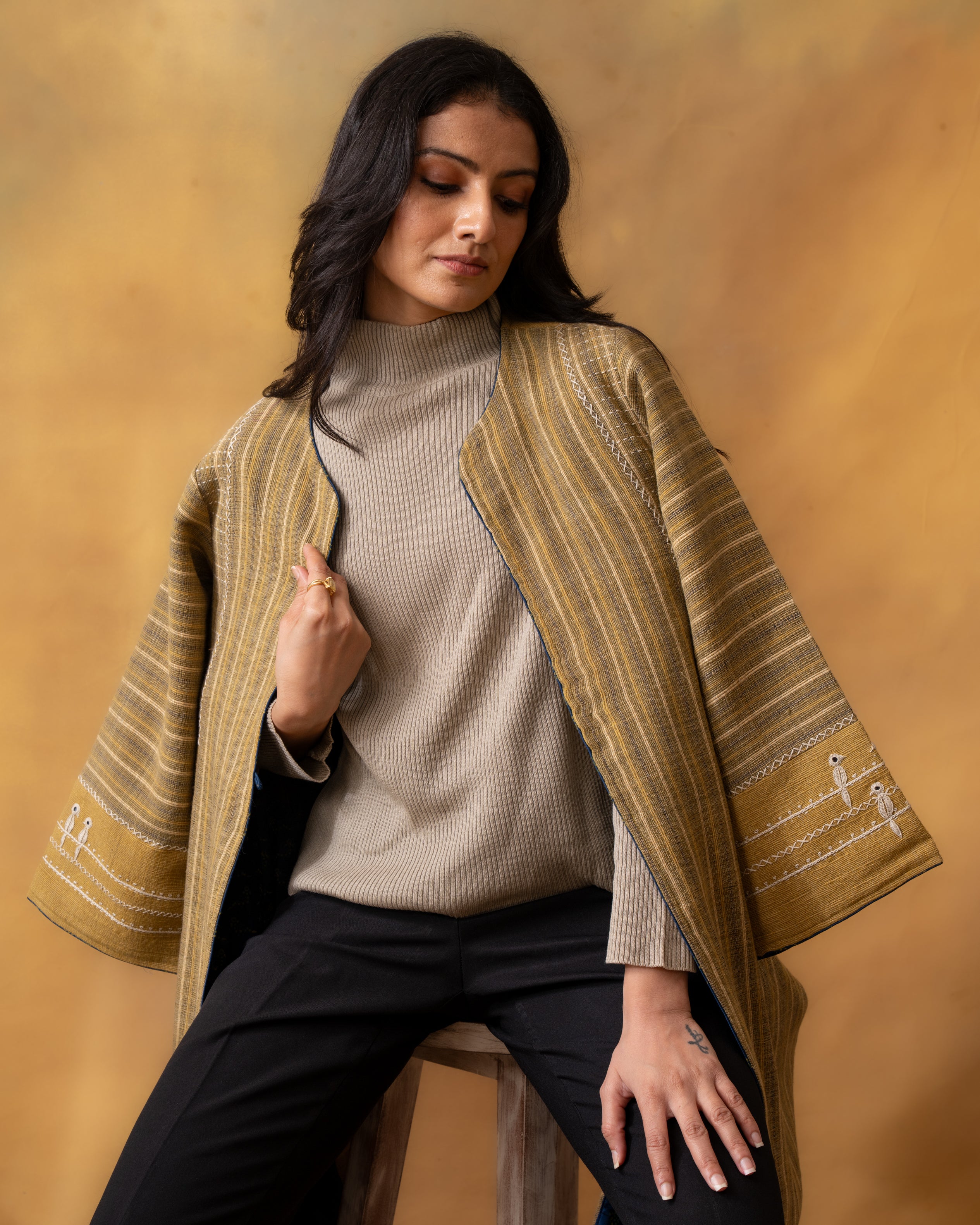 Dhaani Olive Green Handwoven Naturally Dyed Woolen Long Jacket