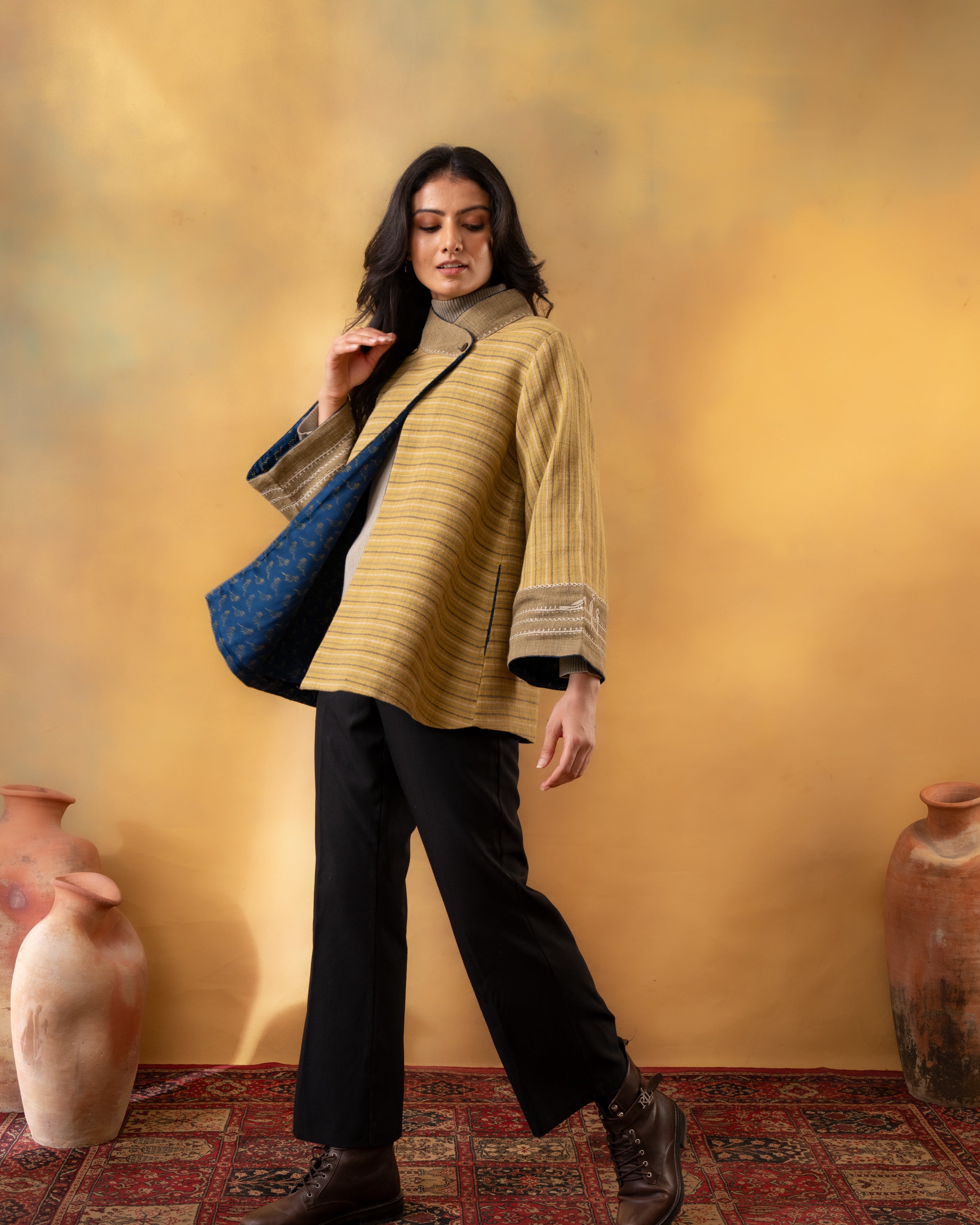 Dhaani Lime Green Striped Handwoven Naturally Dyed Woolen Jacket