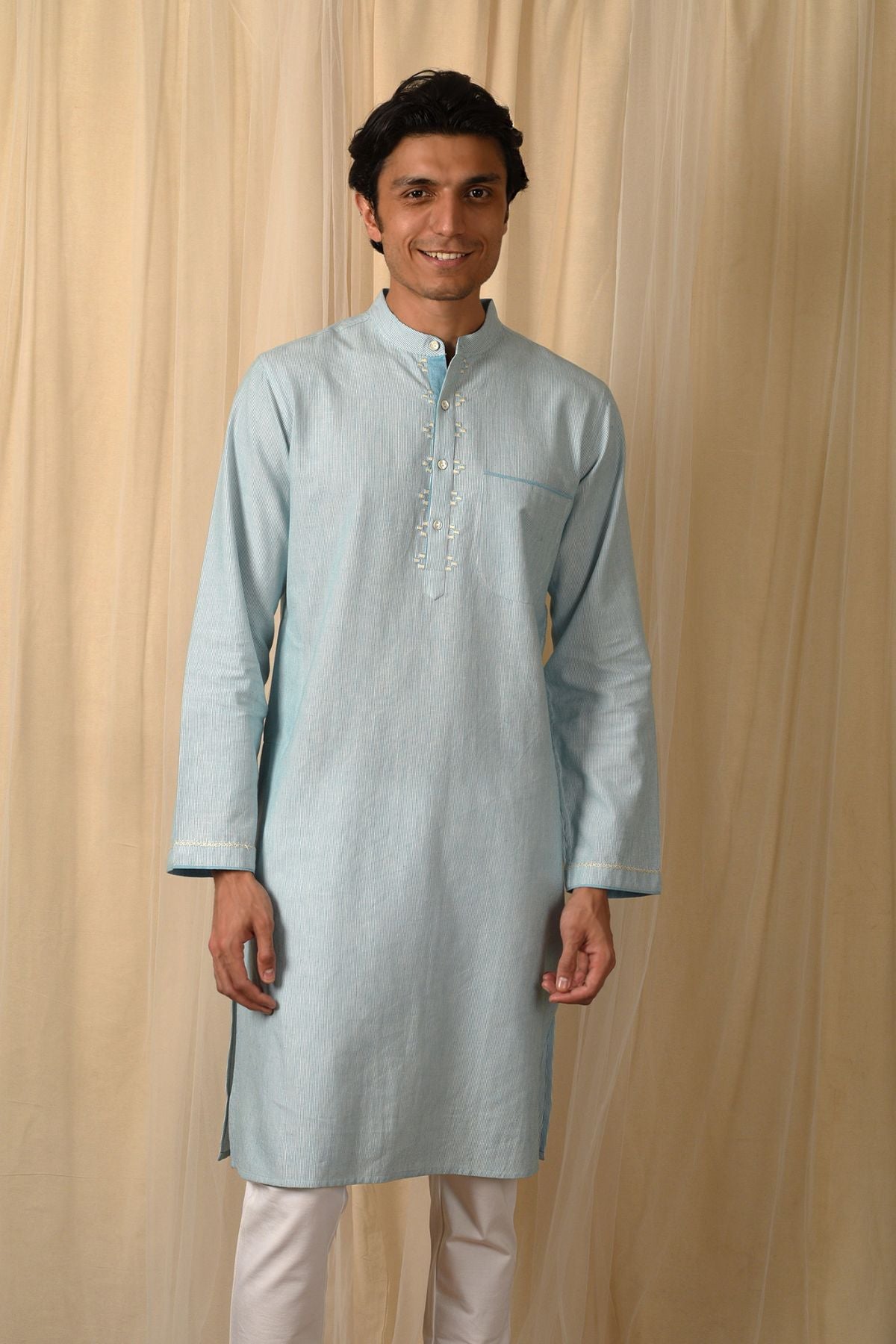 Baori Blue Hand Embroidered Full Sleeve Long Kurta