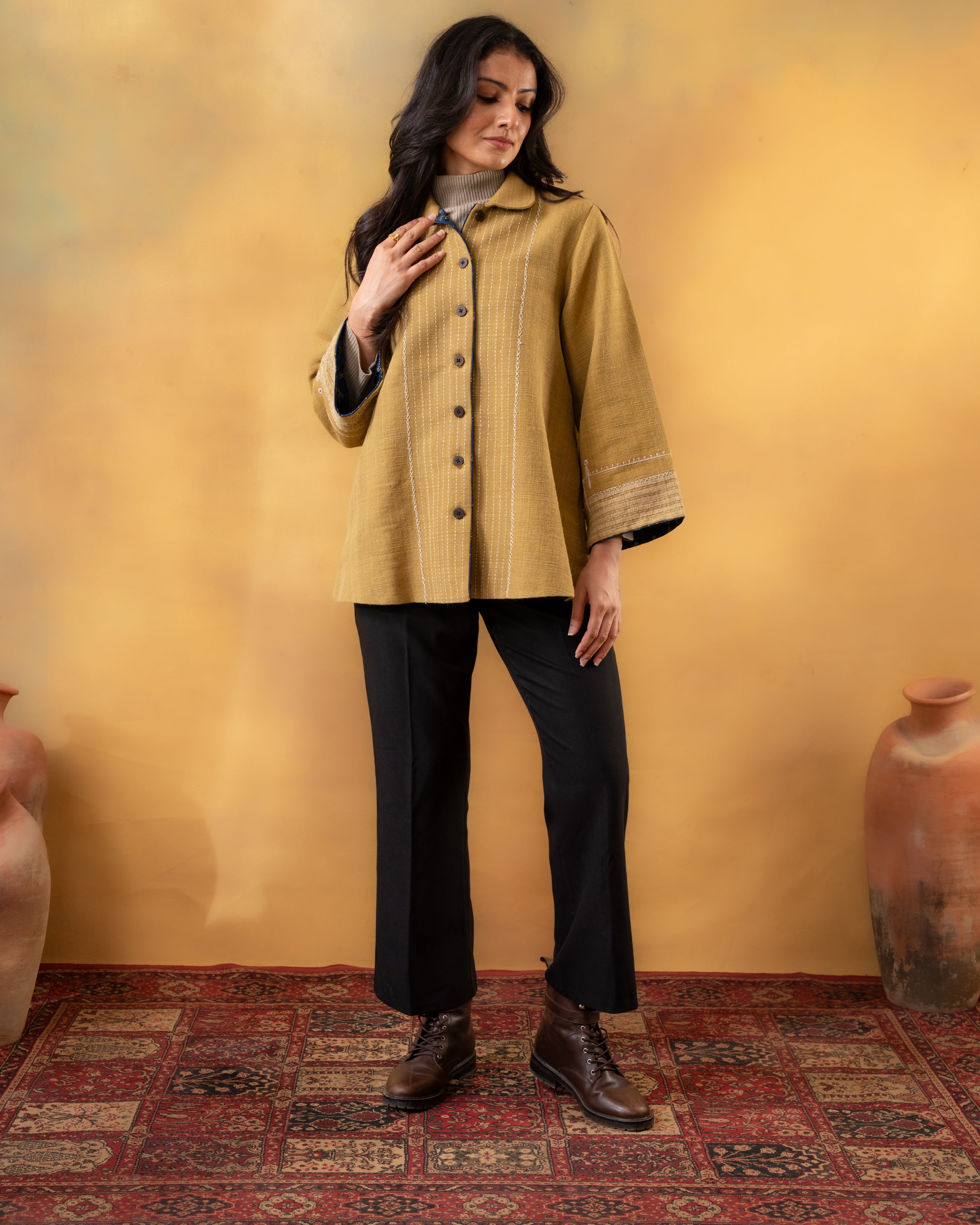 Dhaani Lime Green Handwoven Naturally Dyed Woolen Short Jacket