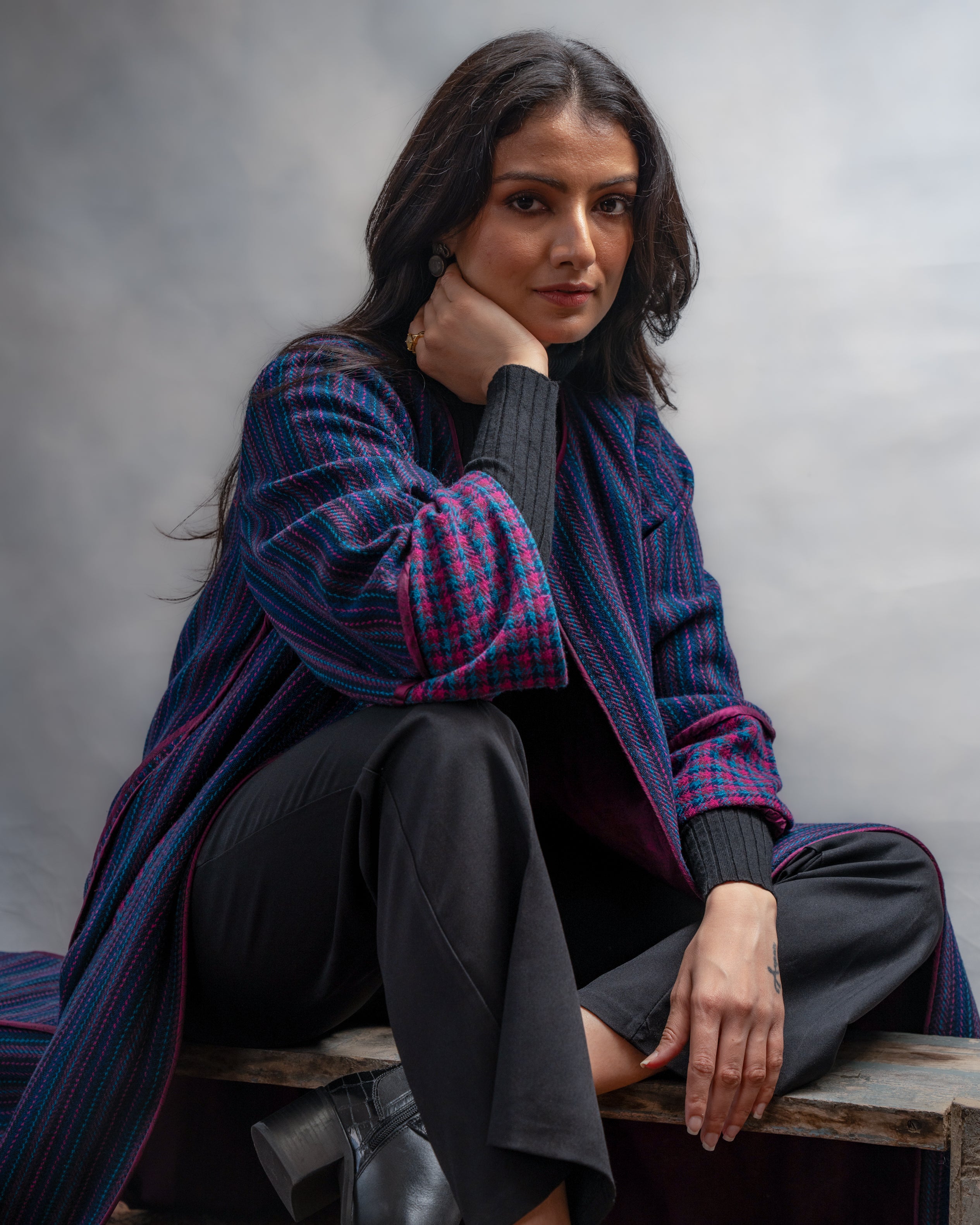 Gurez Blue Striped Handwoven Woolen Long Jacket