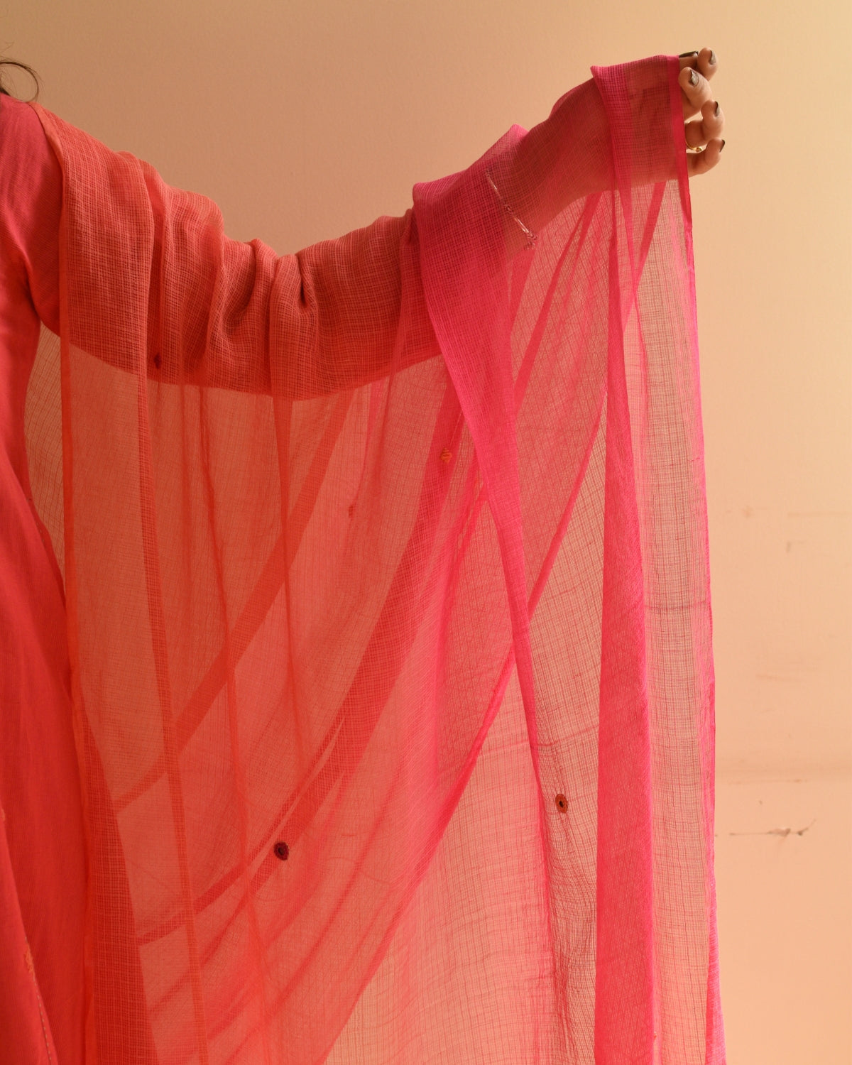 Aashvi Pink-Coral Kota Dupatta With Desert Hand Embroidery