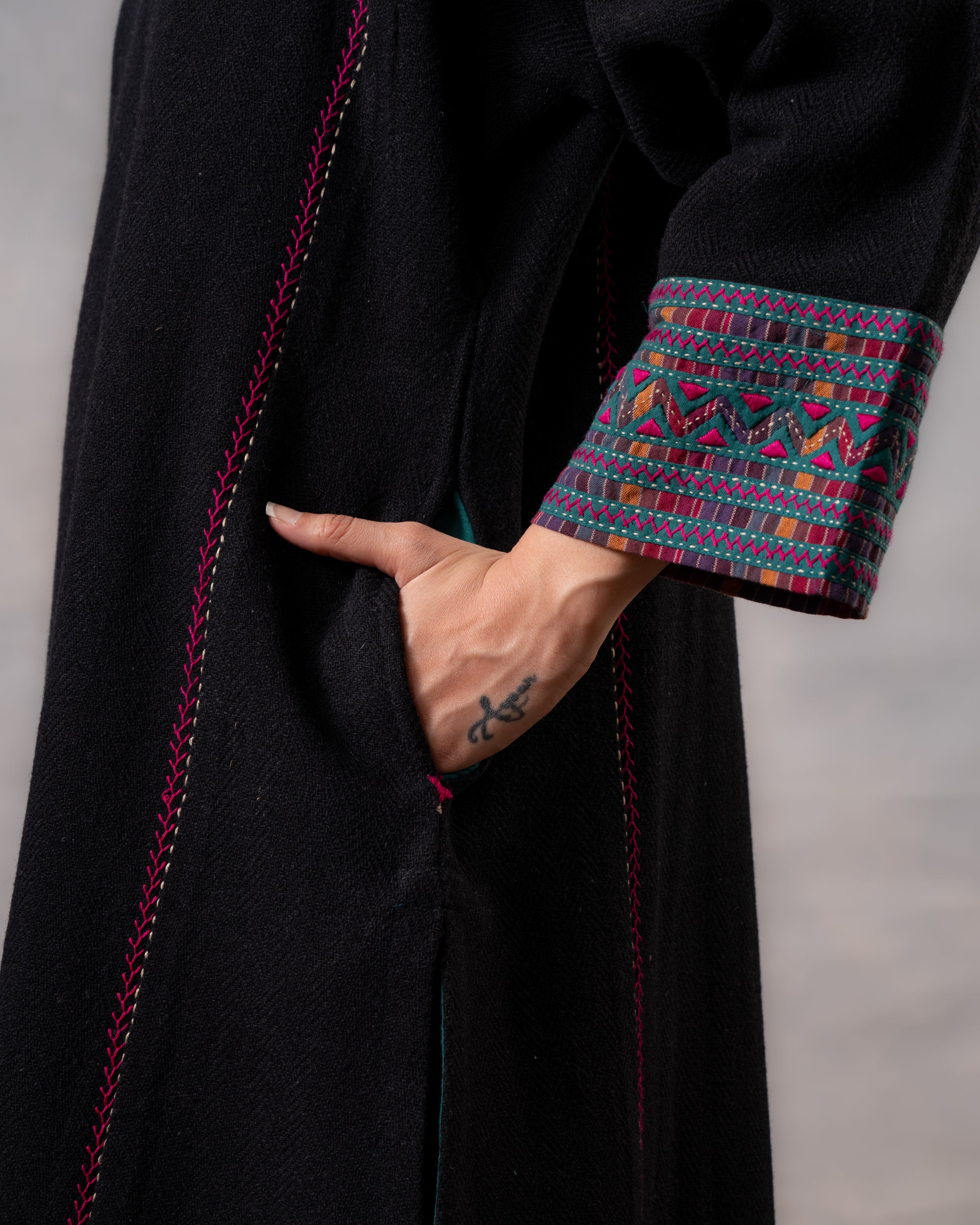 Gurez Midnight Handwoven Woolen Phiran with Hand Applique