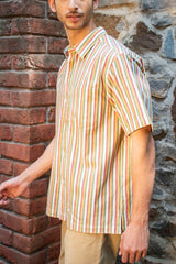 Dhaari Multi Color Striped Handwoven Half Sleeve Pure Cotton Shirt