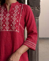 Dhwani Red Kalidaar Cotton Kurta With Dessert Hand Embroidery