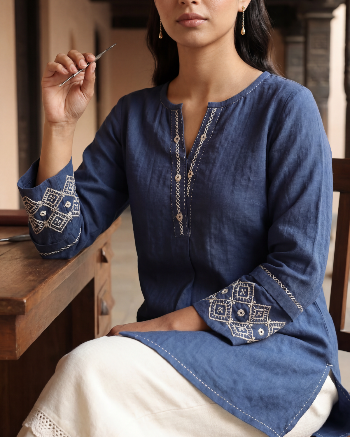 Dhwani Blue Cotton Top With Desert Hand Embroidery