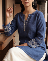 Dhwani Blue Cotton Top With Dessert Hand Embroidery