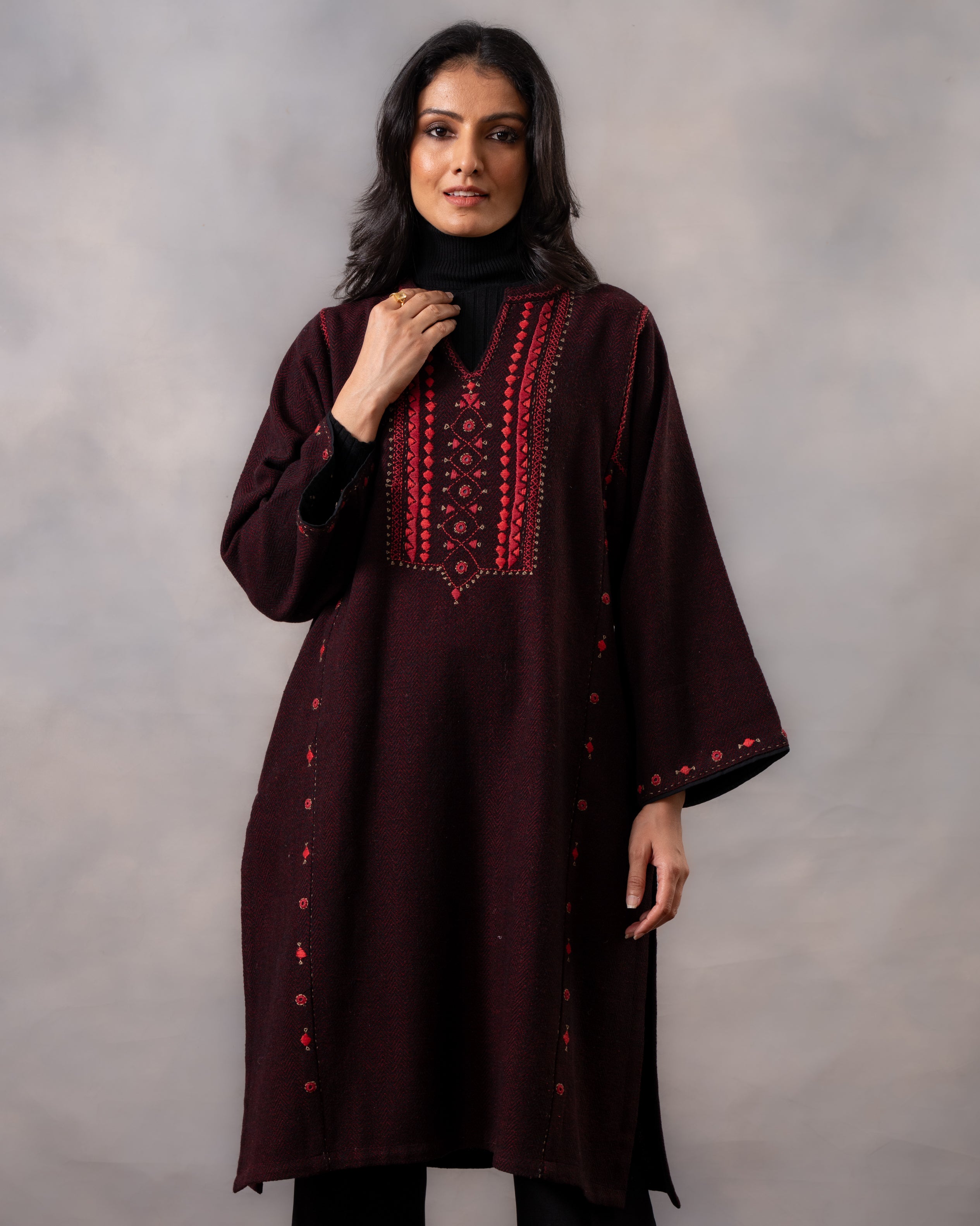 Gurez Garnet Handwoven Woolen Phiran with Soof Embroidery
